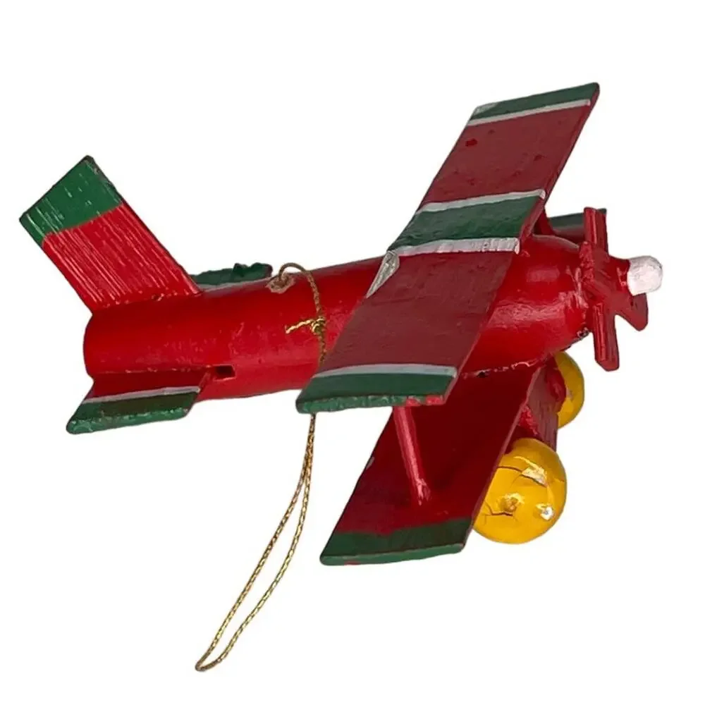 Vintage Wooden Airplane Ornament Red Green Folk Art Christmas Decor